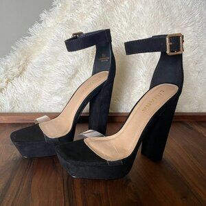 NWT Liliana Dramatic Black Suede-like Block Heel Clear Toe Strap Size 8.5